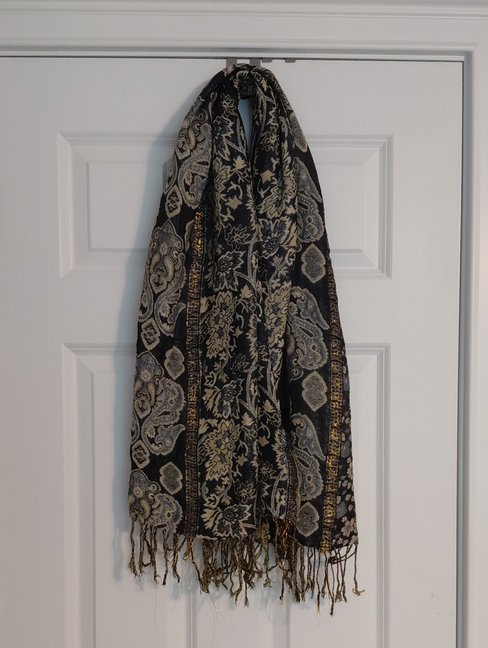Black, Blue & Gold Paisley And Floral Scarf With Fringe, JNS